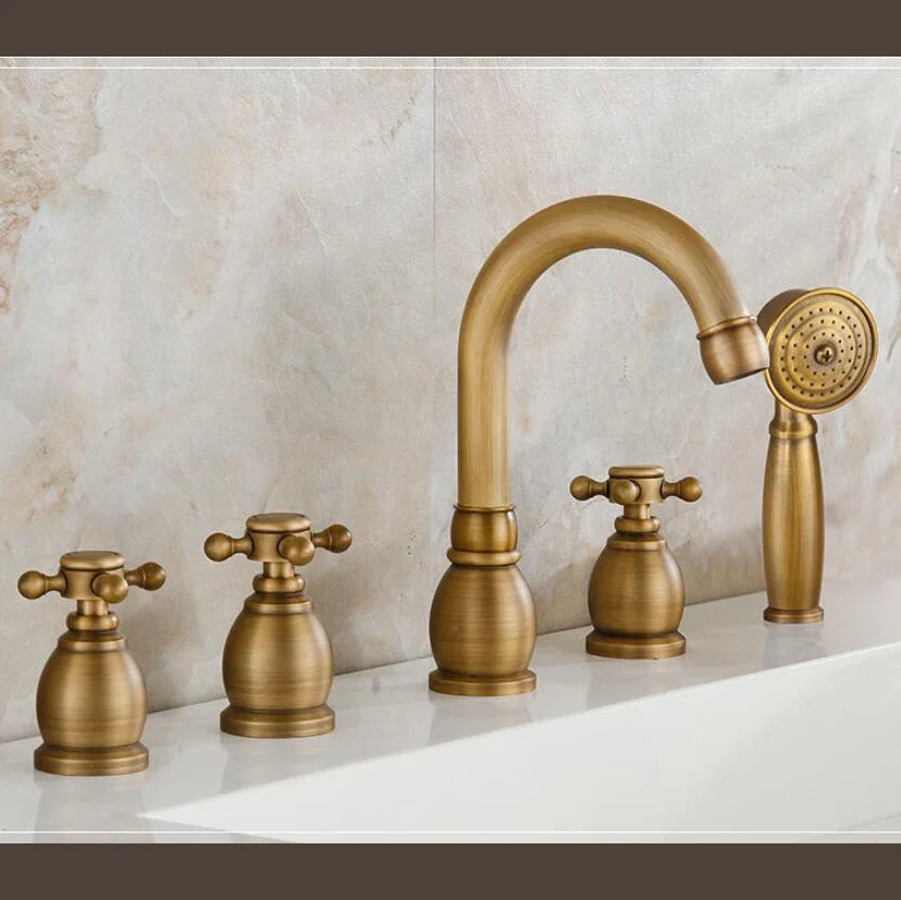 

Vidric Antique brass 5piece Bathtub fauce bathroom faucet for hot and cold Mixer tap Sink faucet Double handle 5 hole 5pcs/set