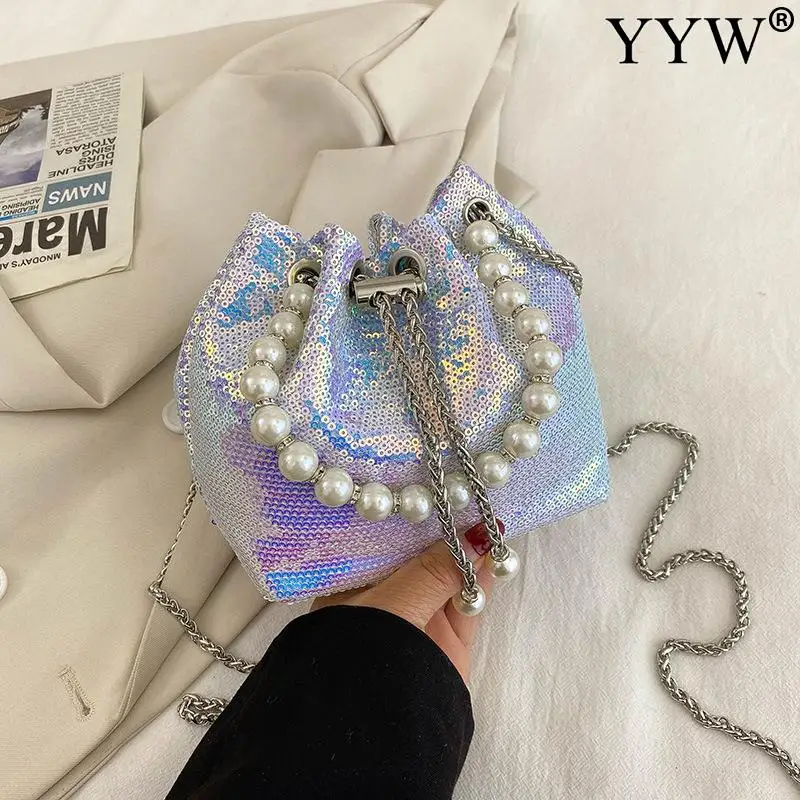 Fashion Women Bucket Shoulder Bag With Sequin Pearl Crossbody Baggirl Handbags Female Clutches Bolsos Evening Party Mini Purse