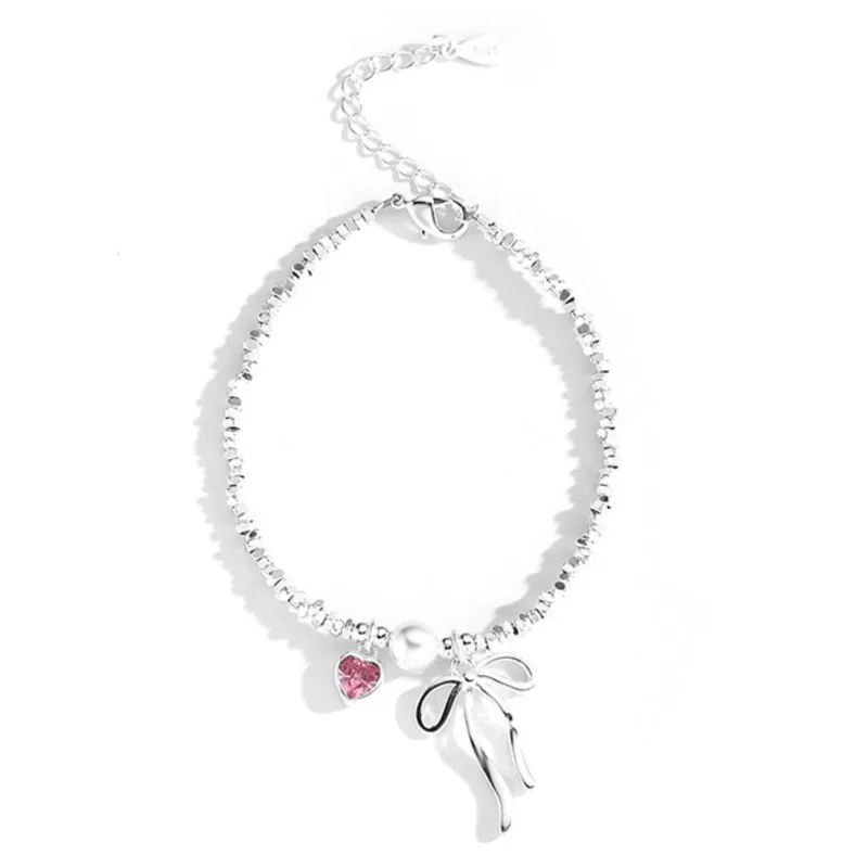 Silver Color Bowknot Pink Zircon Love Heart Bracelet for Women Fashion Sweet Chain Wedding Party Jewelry Gift