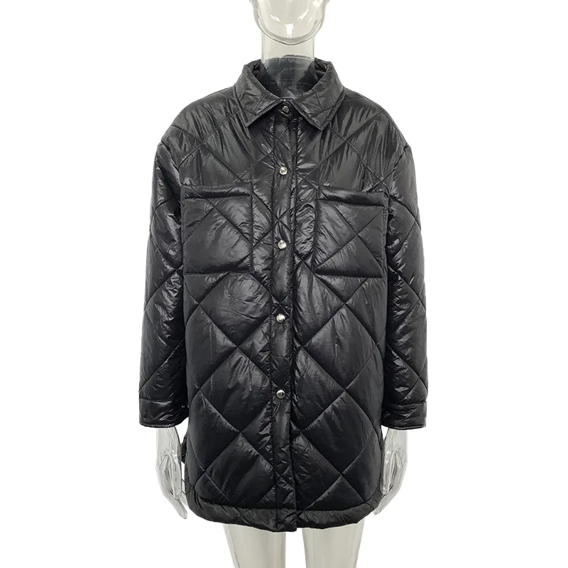 Fashion Cotton Midi Jacket Female Ladies Women Elegant Turn Down Collar Solid Front Buttons Parkas Fashion Simple Argyle Coat