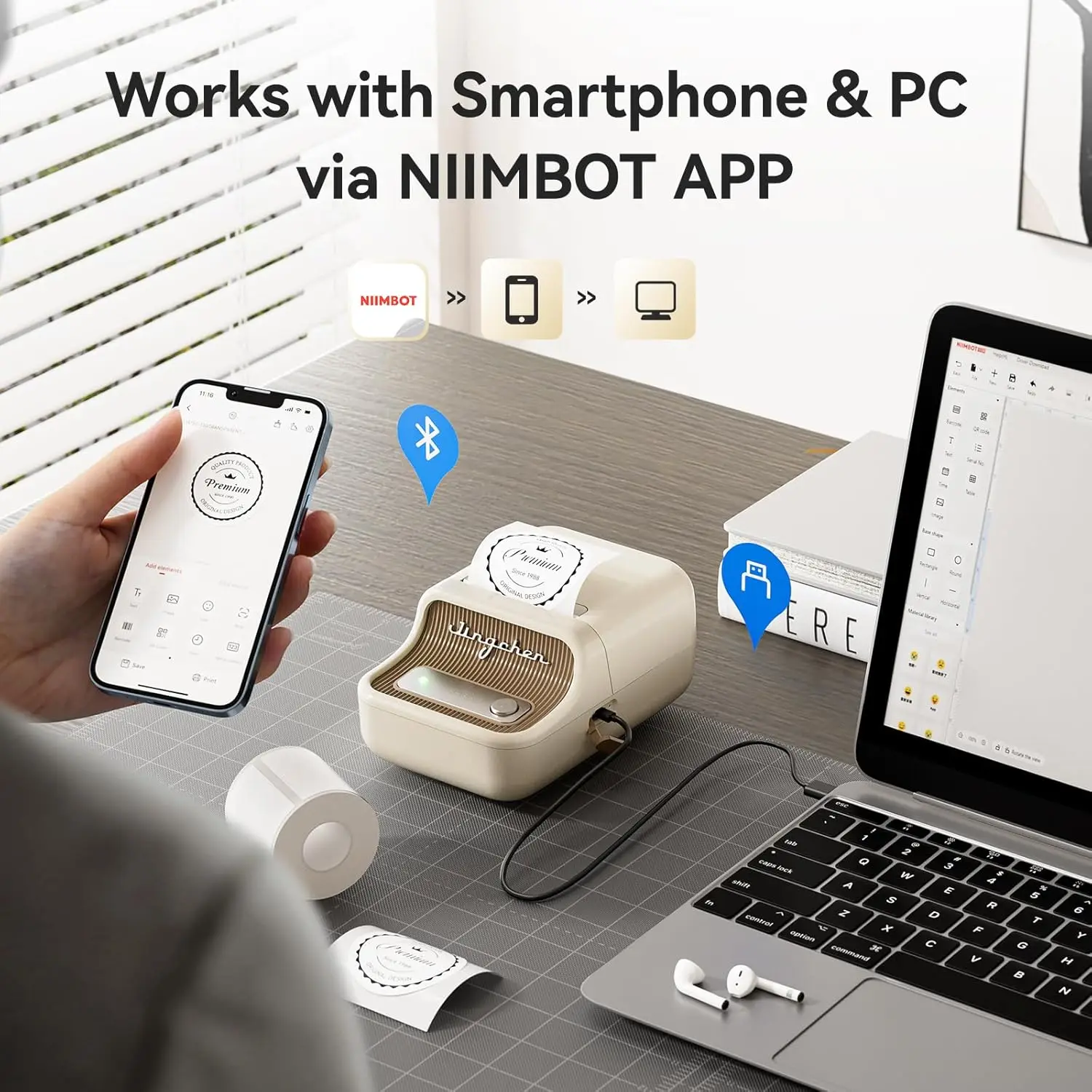 NiiMbot B1 B21 Mini Thermal Printer Wireless Barcode Label Maker Bluetooth Portable Adhesive Label Maker for Office Commercial