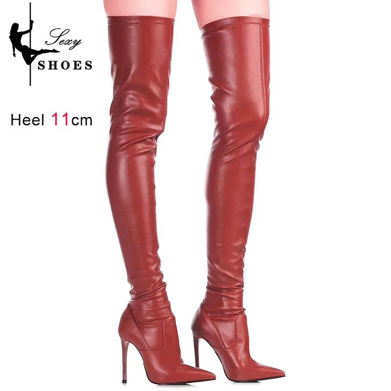 WineredSexyHighHeelsStretchLeatherOvertheKneeWomensBoots