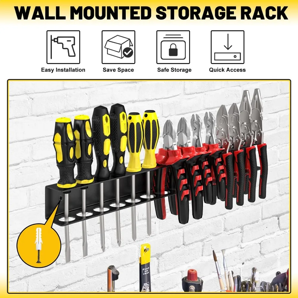 Pliers Holder Wall Mount Wall Mounted Tool, Screwdriver Organizer, 14 Holes Rustproof Screwdriver Rack, Pliers Organizer Storage