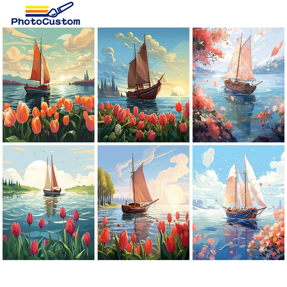 

PhotoCustom DIY Frame Oil Painting By Numbers Kits Sailboat Scenery Acrylic Paint By Numbers On Canvas Handpainted Painting Deco