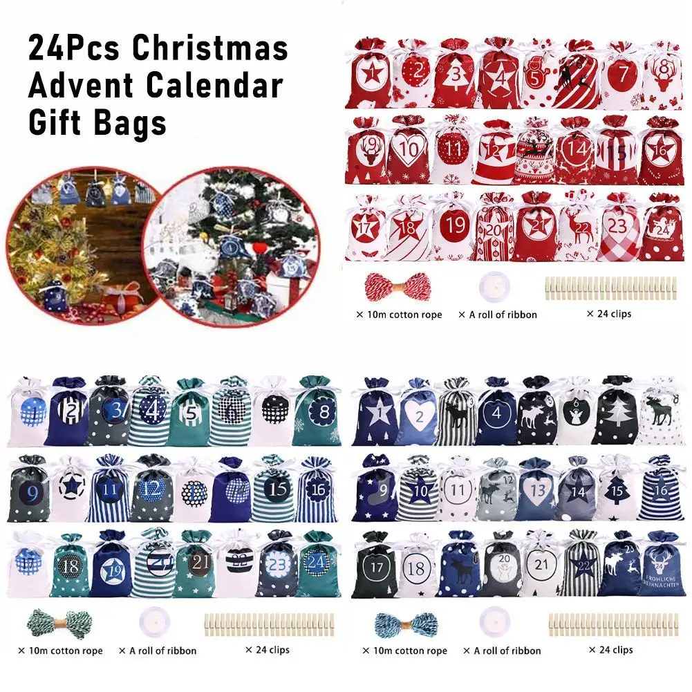 

24Pcs Christmas Advent Calendar Gift Bags Merry Christmas Decor For DIY Paper Stickers Cristmas Wooden Ornament Xmas Navidad