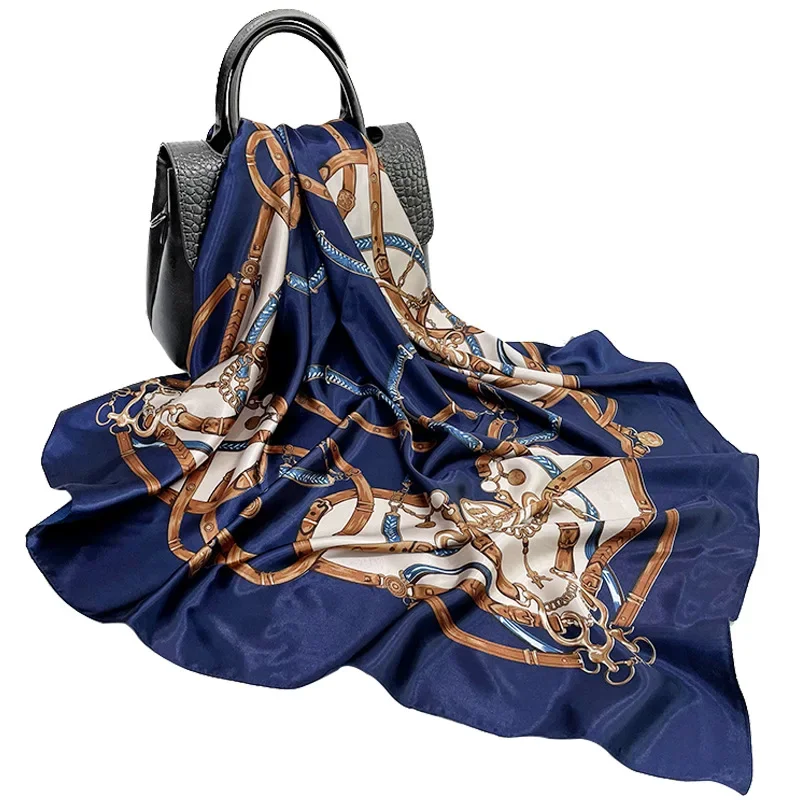 Faux Silk Scarf Women Spring New Style Chain Printing Satin Large Square Ladies Shawl Turban Wholesale [bysifa] blue white silk scarf ladies shawl chinese style classic flowers 100% silk twill square scarves wraps for spring autumn