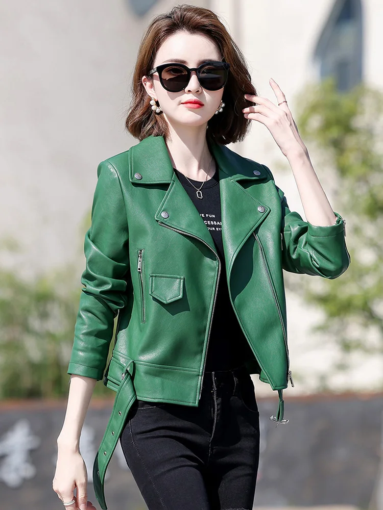 New Women Biker Leather Jacket Spring Autumn Fashion Cool Motor Style Suit Collar Sheepskin Short Coat Slim Jacket Split Leather