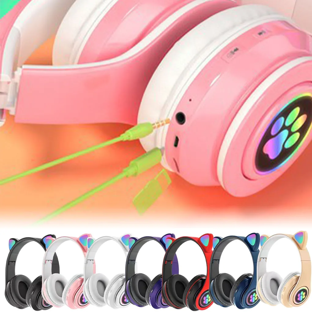 

RGB LED Cute Cat Ears Headphone with Mic Control Wireless/Wired Stereo Music Earphone Gaming Supplies Bluetooth Headset