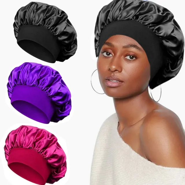 Women's Satin Solid Bonnets Wide-brimmed Night Sleeping Bathing Hat Unisex Head Wrap Elastic Band Cap Hair Care Bonnet 1