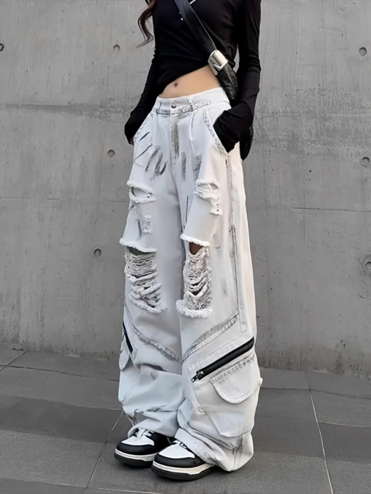 Y2K 2000S White Graffiti Ripped Baggy Stacked Cargo Jeans Pants