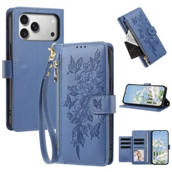 Elegant Pattern Leather Zipper Wallet Phone Case with Wrist Strap and Card Holder Cover - iPhone 15 (Dusty Blue)