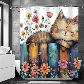 Cute Cat Shower Curtain Cartoon Design Bathroom Decor 70.9x70.9inch Waterproof Shower Curtain with Free Installation Hooks