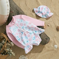 MISOWMNJOY Floral Print Kids Baby Girls Swimsuits Summer Kids Beachwear Long Sleeve Ruffle Bathing Suit Infant Swimwear with Cap 2