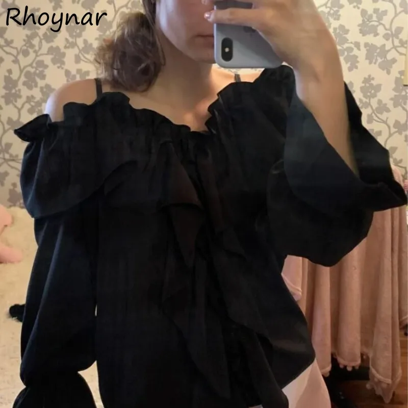 

Женская блузка с длинным рукавом Ulzzang, изящная элегантная однотонная Повседневная модная стильная мешковатая мягкая Весенняя блузка с открытыми плечами и оборками