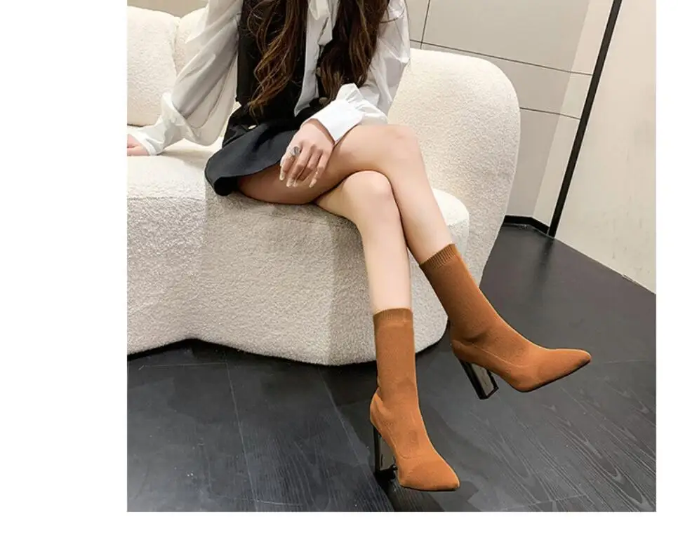 Autumn Thick Heel Ankle Boots Women Winter Shoes Elegant High Heel Pointed Toe Keep Warm Short Boots Ladies Knitted wool boots