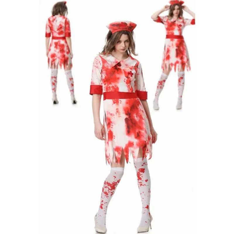 

New Halloween Blood Stains Female Nurse Vampire Zombie Cosplay Makeup Ball Stage Role Playing Dress Women Skirt Adult Clothing