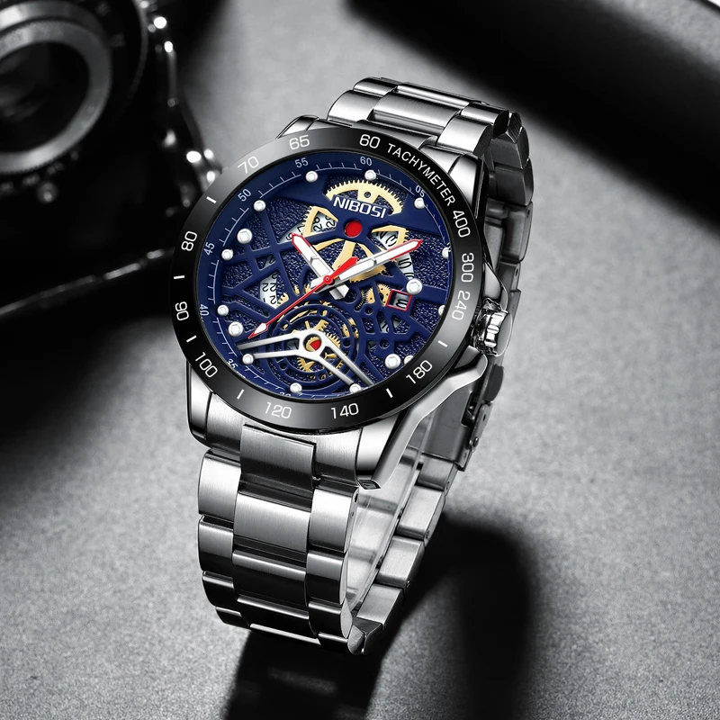 NIBOSI Sports Men Quartz Watch Stainless Steel Waterproof Luminous Calendar Mens Watches Top Brand Luxury Fashion Wristwatches