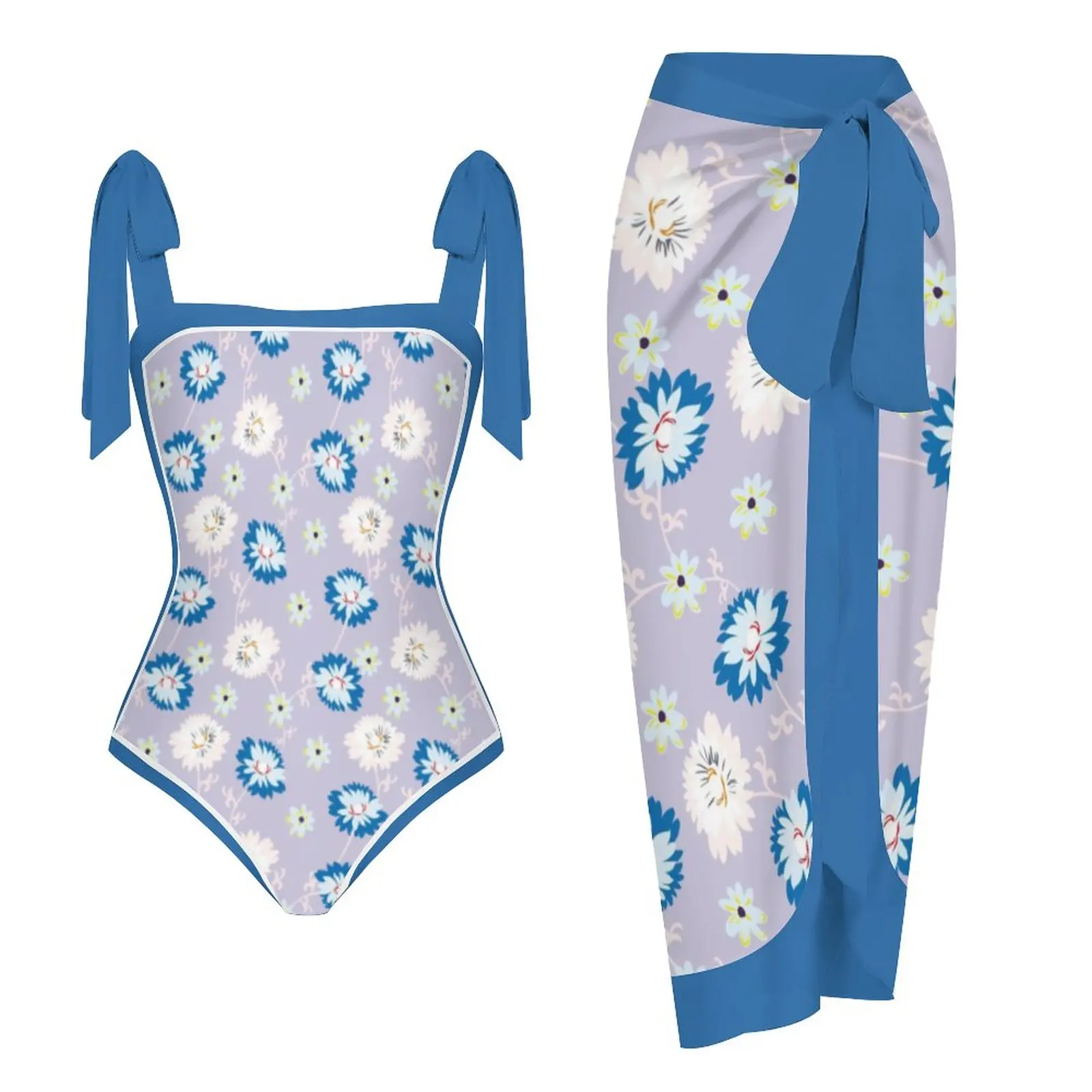 

2023 New Blue Floral Print Swimsuit Plus Long Skirt Lace-up Style Sleeveless Top Beach Wear Swimwear Suit for Ocean Themed Party