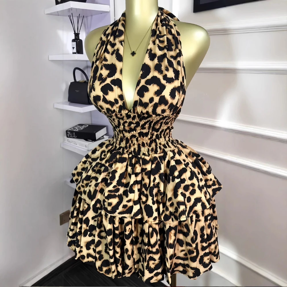 Mode 2025 Sexy Neckholder-Kleid mit Tiefem V-Ausschnitt, Leopardenmuster, Gerafftes Plissee-Minikleid, Sommerliches Elegantes Ärmelloses Damenkleid