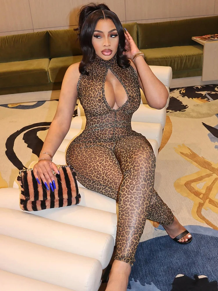 Nibber SKinny Hollow Jumpsuit Women See Through Sexy Leopard Print Sleeveless Hipster Street Midnight Party Workout Overalls