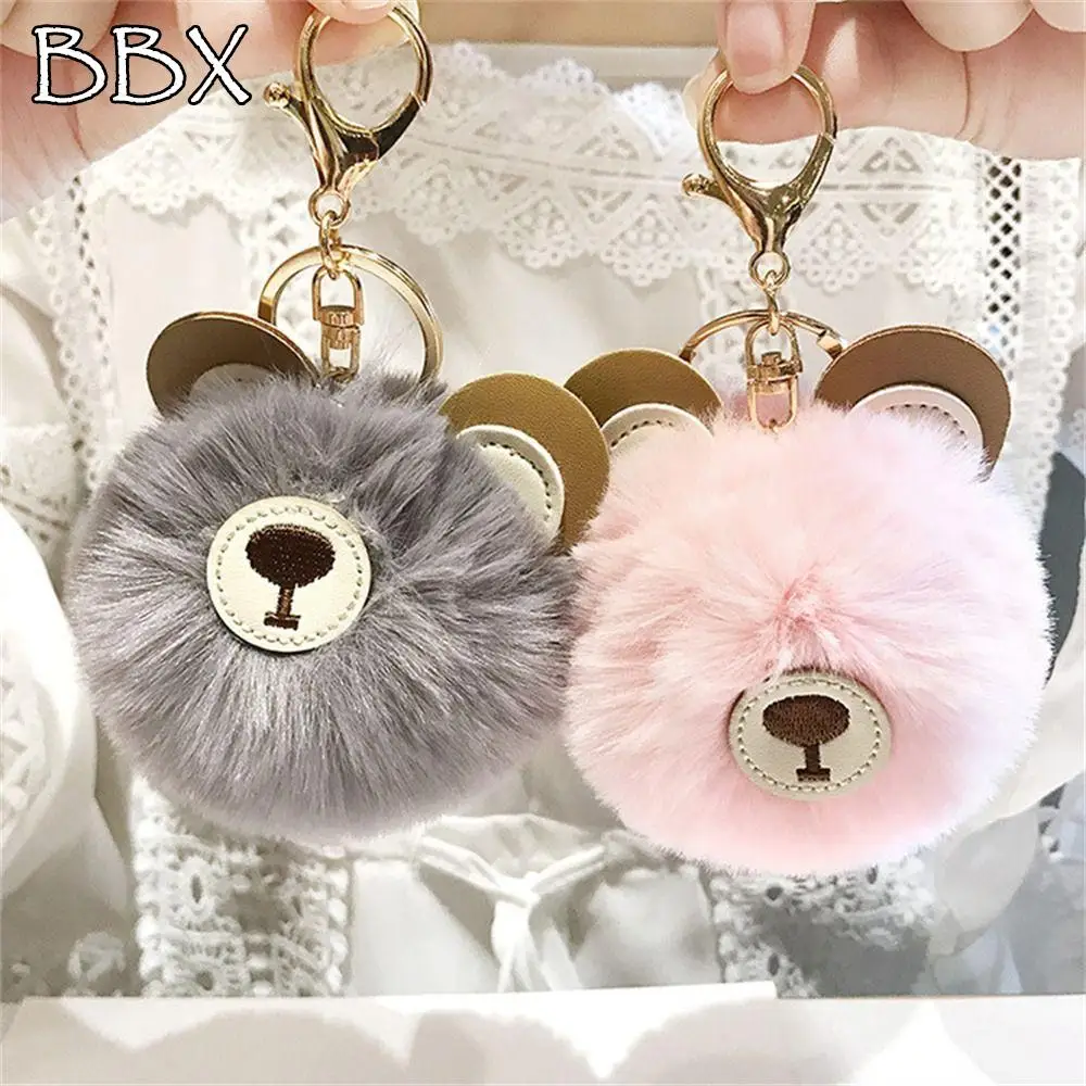

Cute Pom Pom Keychain Artificial Fluffy Pom Pom Cartoon Bear Keychain Car Keychain Charms Gifts