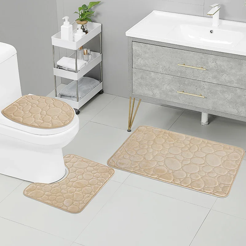 3PCS Solid Color Bathroom Water-absorbing Non-slip Floor Mat Stone Pattern Three-piece Set