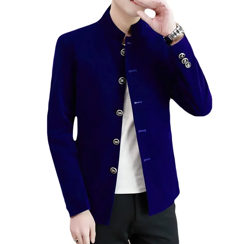 New Men's Autumn Stand Collar Blazer Youth Velveteen Multi-Button Blazers