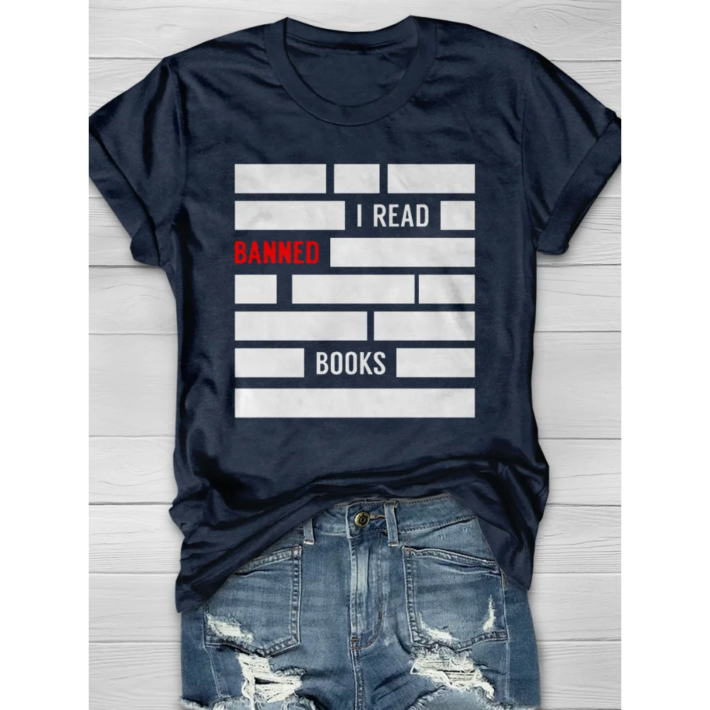 

Rheaclots Women's I READ BANNED BOOKS Print O-Neck Short Sleeve T-Shirt