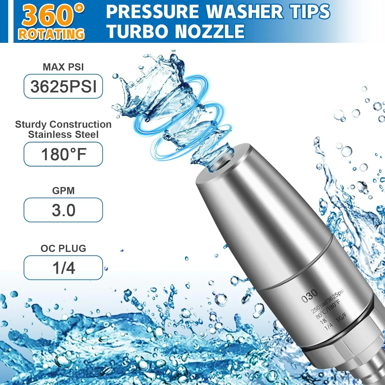 Turbo Nozzle for Pressure Washer Rotating for Hot and Cold Water With 1/4 Quick Connect Stainless Steel 3625 PSI 2