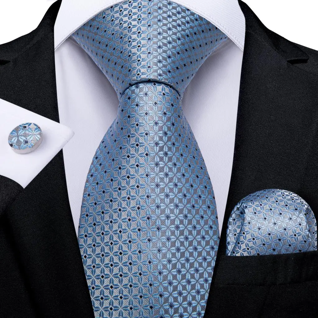 Luxury Blue Plaid Dot Silk Ties For Men Solid Wedding Accessories Neck Tie Handkerchief Cufflinks Set Gravatas Mens Gift DiBanGu