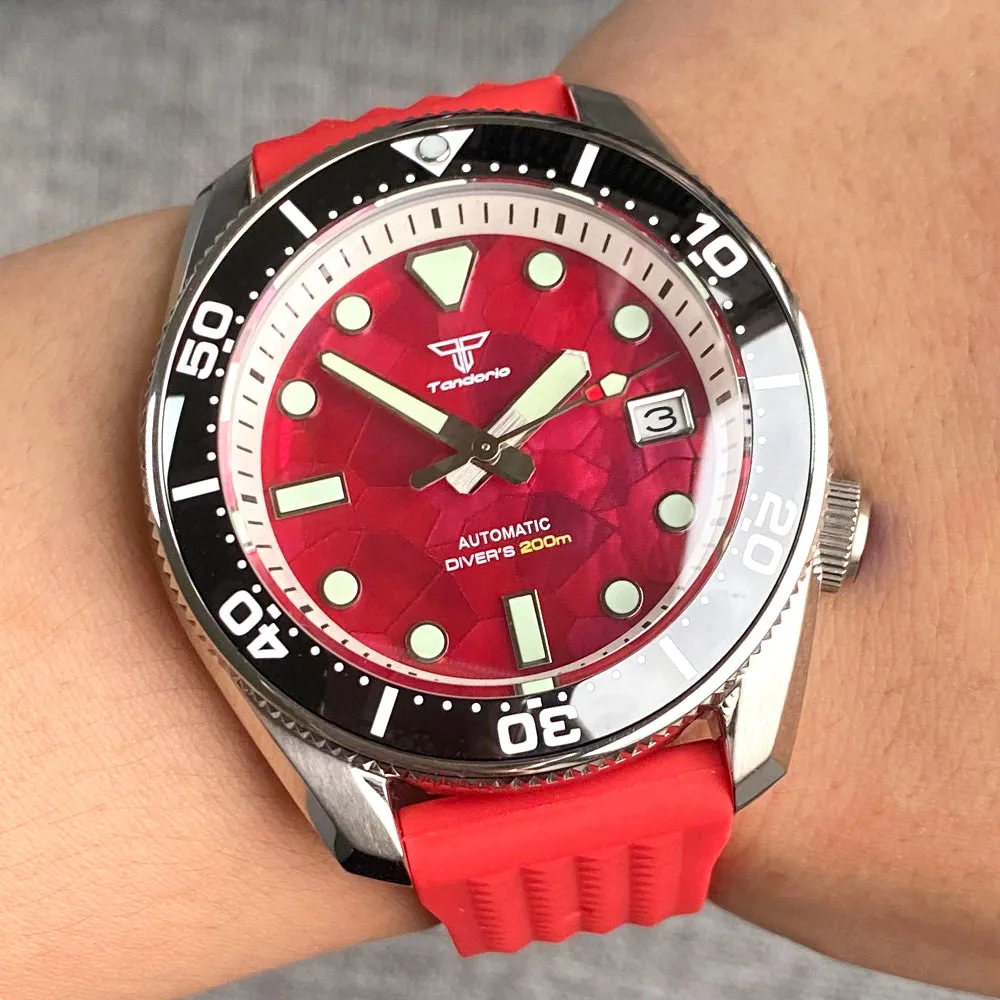 Tandorio 42.5mm NH35A Automatic 20ATM Diving Men Watch Sapphire Glass Red Mother of Pearl Dial Date Rotating Bezel 3.8 o'clock 41mm tandorio japan nh36a 20atm diving automatic men watch sapphire glass date green luminous rotating bezel 3 8 o clock crown