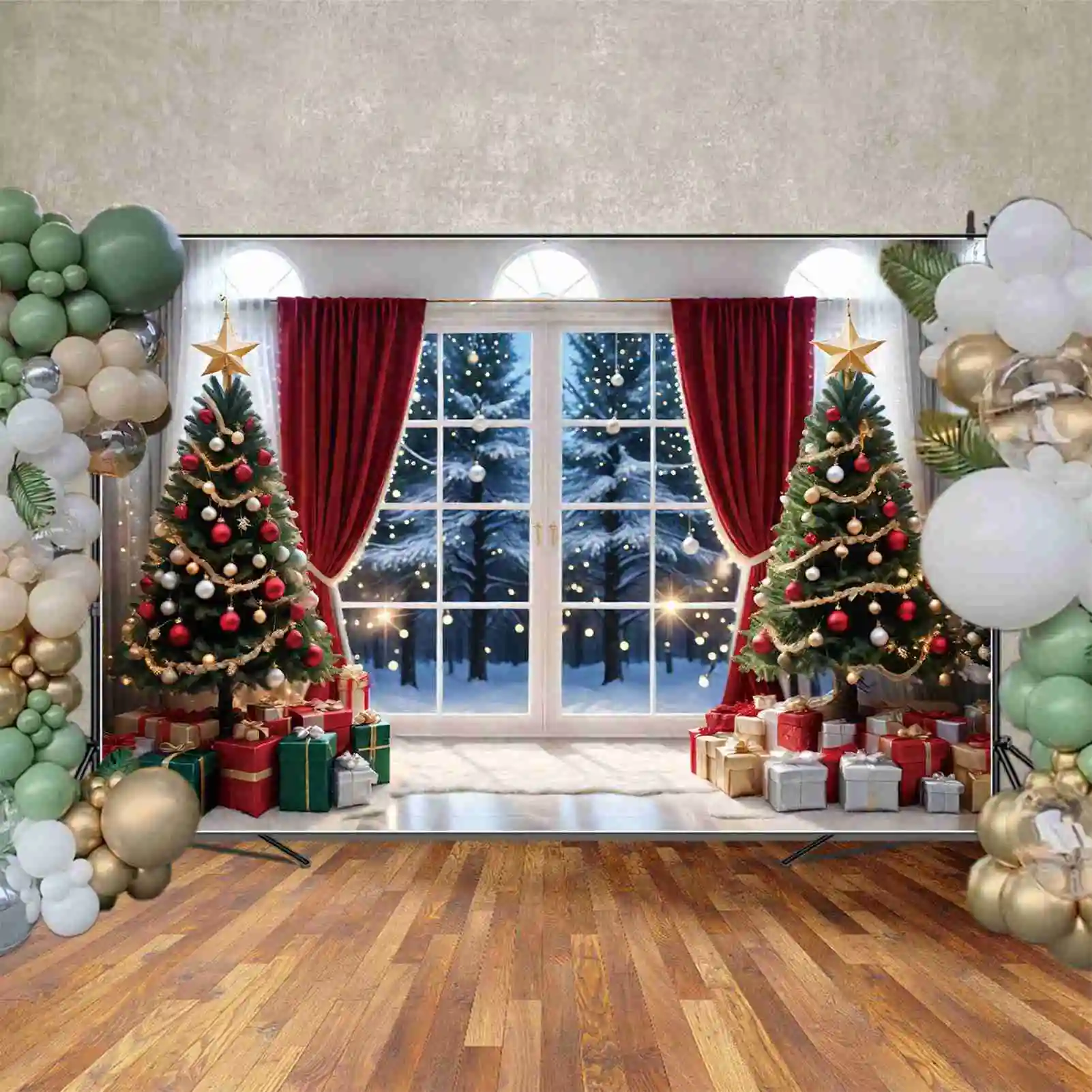 MOON.QG Backdrop Christmas Party Trees Free Shipping Background Snow Tree Window Curtain Ball Star Photography Props for Home