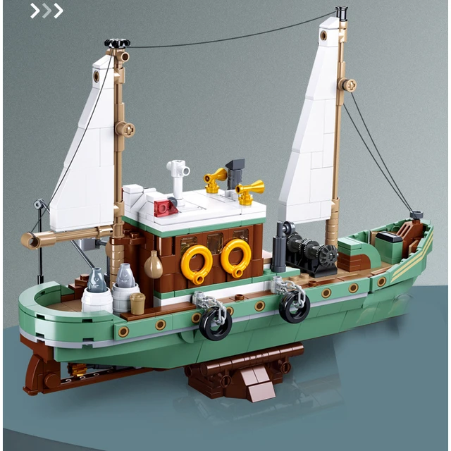 Creative Fishing Boat Building Blocks Bricks Ship Fisherman Figures  Compatible Fishing Store White Shark Moc Diy