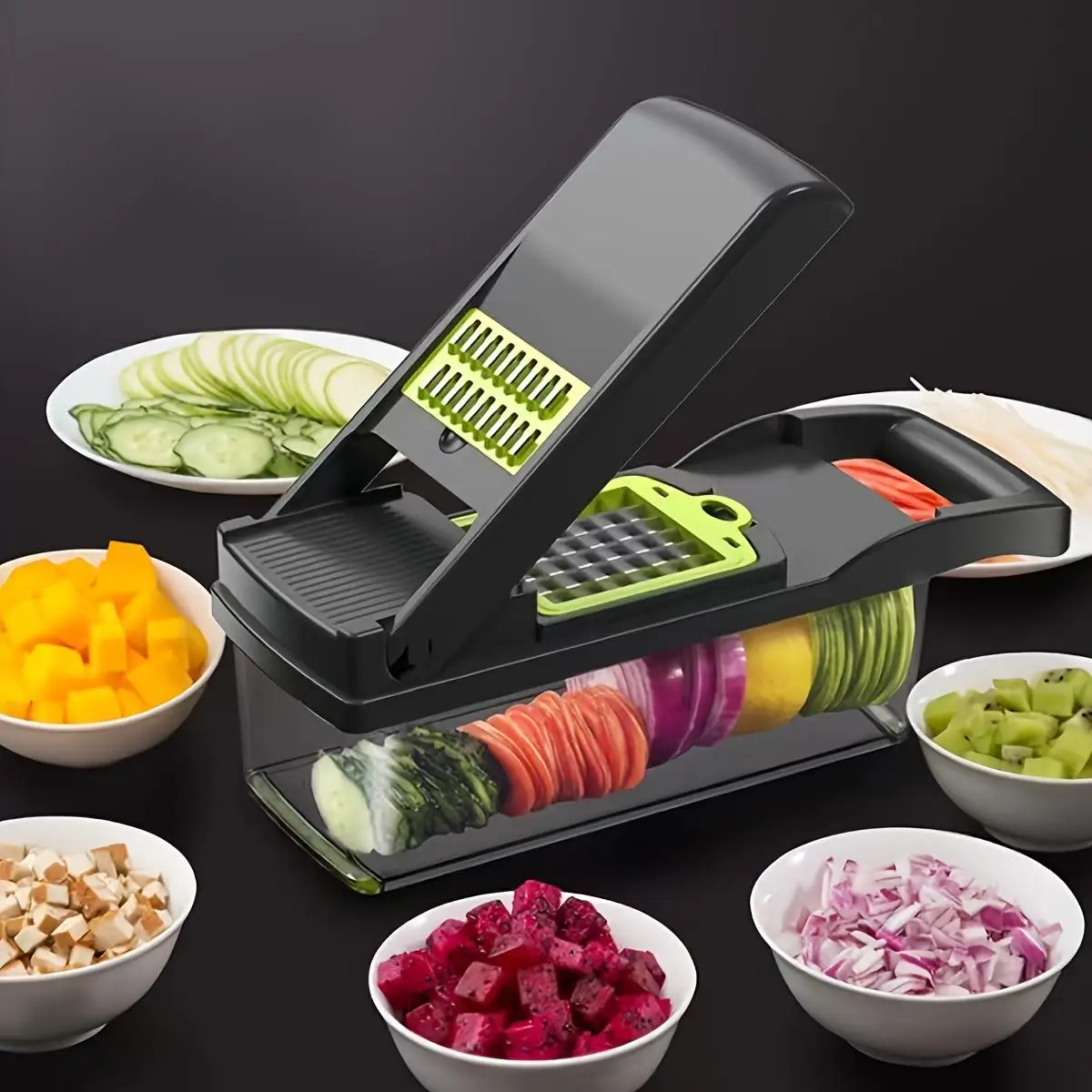 16-In-1 Multifunctional Vegetable Chopper with Container, Manual Food Slicer for Onion Carrot Garlic, Kitchen Gadget Set with St