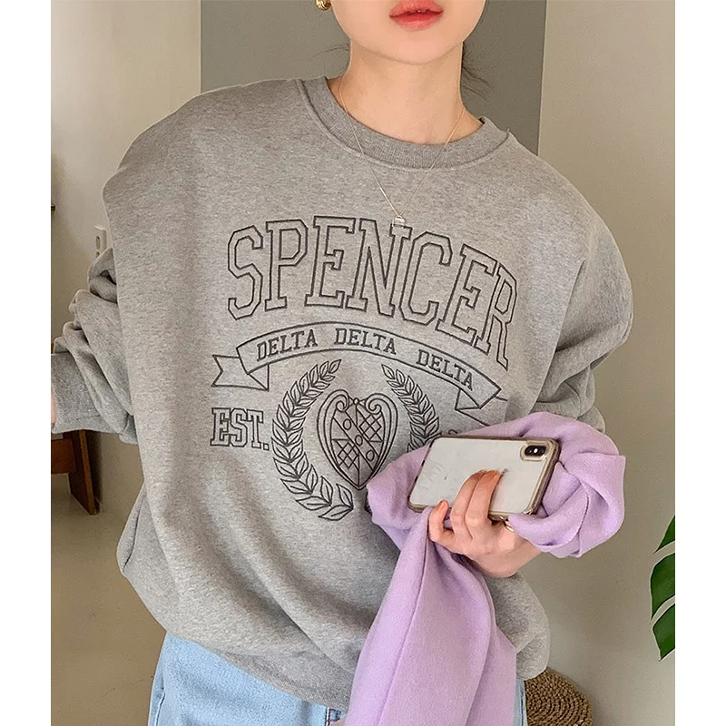 Chic Autumn Winter Fce Lined Long Sve Crew Ne Casual Loose Fit Embroidered Sweatirt Versatile Age Defng Top