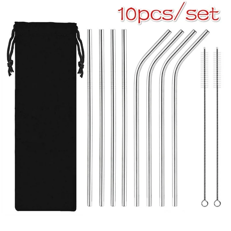 

10 Pcs Reusable Stainless Steel Straws Set with Cleaner Brush Party Cocktail Metal Drinking Straw for Kitchen Bar Accessories