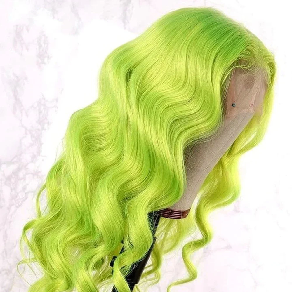 

FANXITION Fluorescent Green Long Body Wave Lace Front Wig Lime Green Wavy Synthetic Wigs Glueless Half Hand Tied Heat Fiber Hair