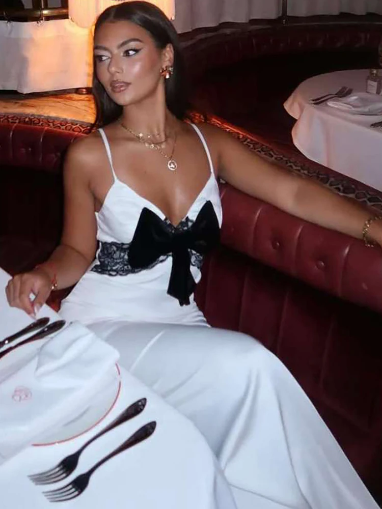 Nibber Hipster Chic Bow Jacquard Dress Women Simple Sleeveless V-Neck Midnight Banquet Party Vacation Stretch Elegant Vestidos