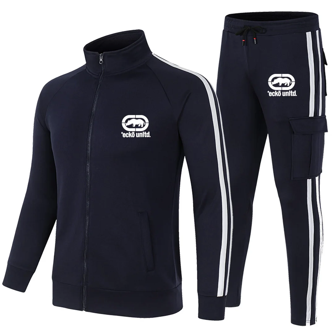 Men Ecko Unltd Rhino Print Tracksuit 2 Piece Set Striped Zip Up Stand Collar Jacket Cargo Jogger Pants Hip Hop Streetwear Sports