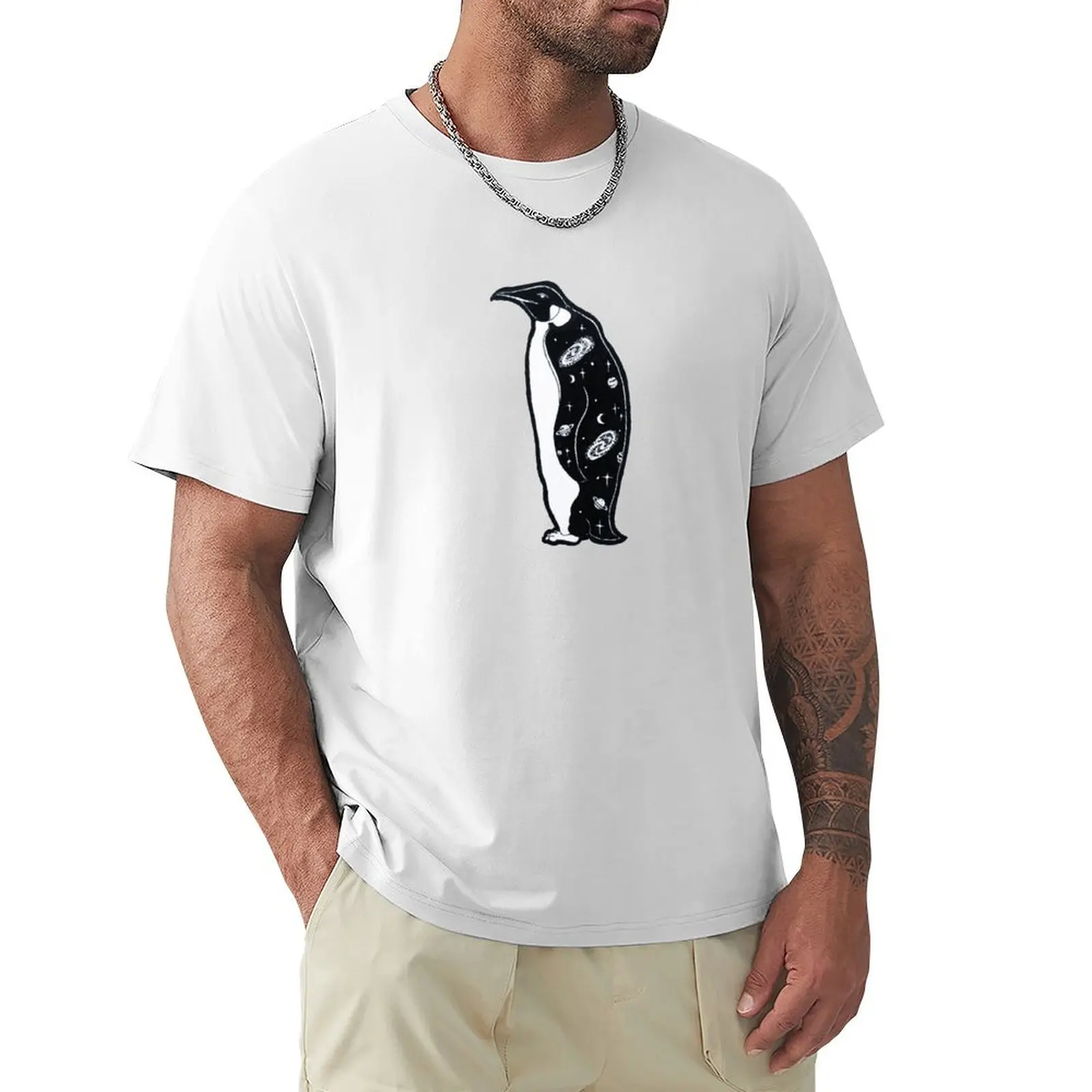 

Penguin with Galactic Coat Illustration T-shirt tees shirts graphic tees black t shirts for men