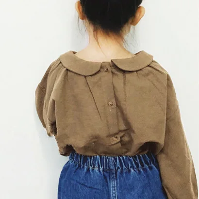 Korean Children's Wear Spring and Autumn Girls Cute Little Literary Style Wrinkled Doll Collar Tied Shirt