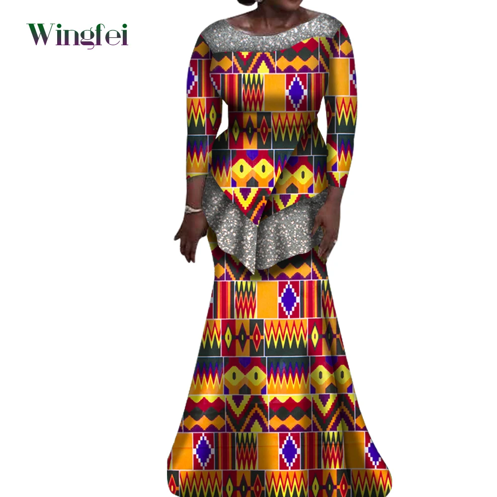 

Fashion Women Dashiki Party Clothes Skirt Sets Traditional African Print Women Clothing Long Sleeve Top and Skirts WY6941