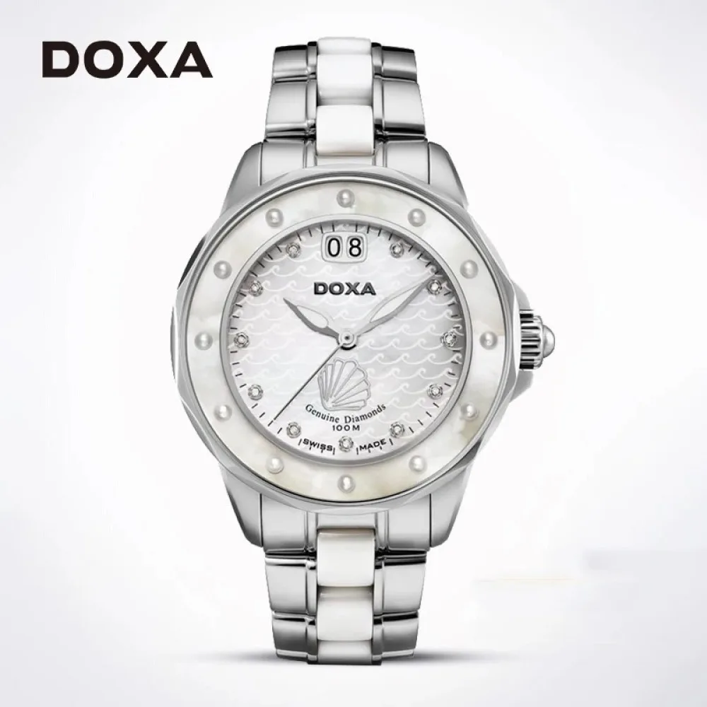 DOXA 여성용 쿼츠 시계, 프리미엄 비즈니스 캐주얼 시계, 라운드 펄 다이얼, 절묘한 10Bar 방수 자동 무브먼트 시계