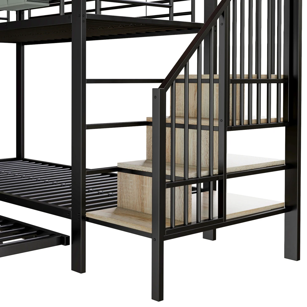 Schwarzes Metall-Eisenrahmen-Etagenbett 90×200 180×200cm Multifunktionales Ausziehbett mit Aufbewahrungstreppen & Stofftasche Platzsparend – Detail 19