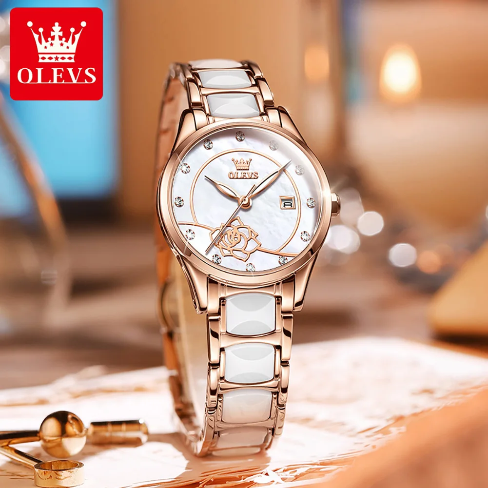 OLEVS Original Quartz Watch Women Japan Movement Waterproof Watch Camellia Design Elegant Ceramics Ladies Dress Wristwatch Gift