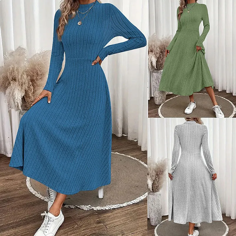 Dress Brushed Ribbed Maxi Dresses Round Neck Solid Color Spring Summer Elegant