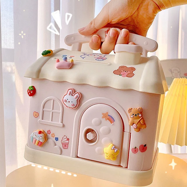 Cute little house piggy bank, can save coins and bills with lock, a gift for children, girl birthday present 1