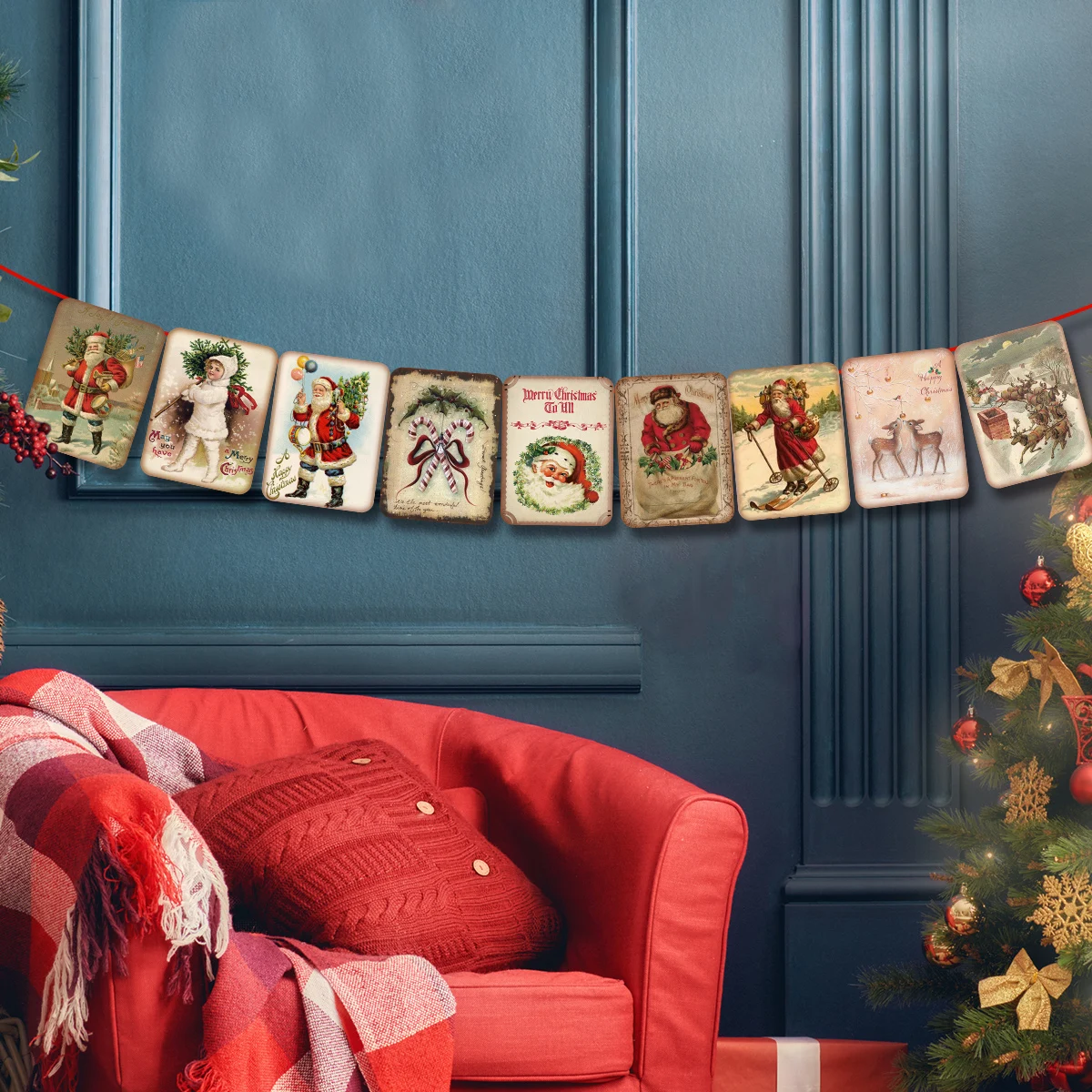 Merry Christmas Paper Hanging Banner Set Santa Elk Pattern Bunting Christmas Festival Scene Layout Home Party Decoration Supplie