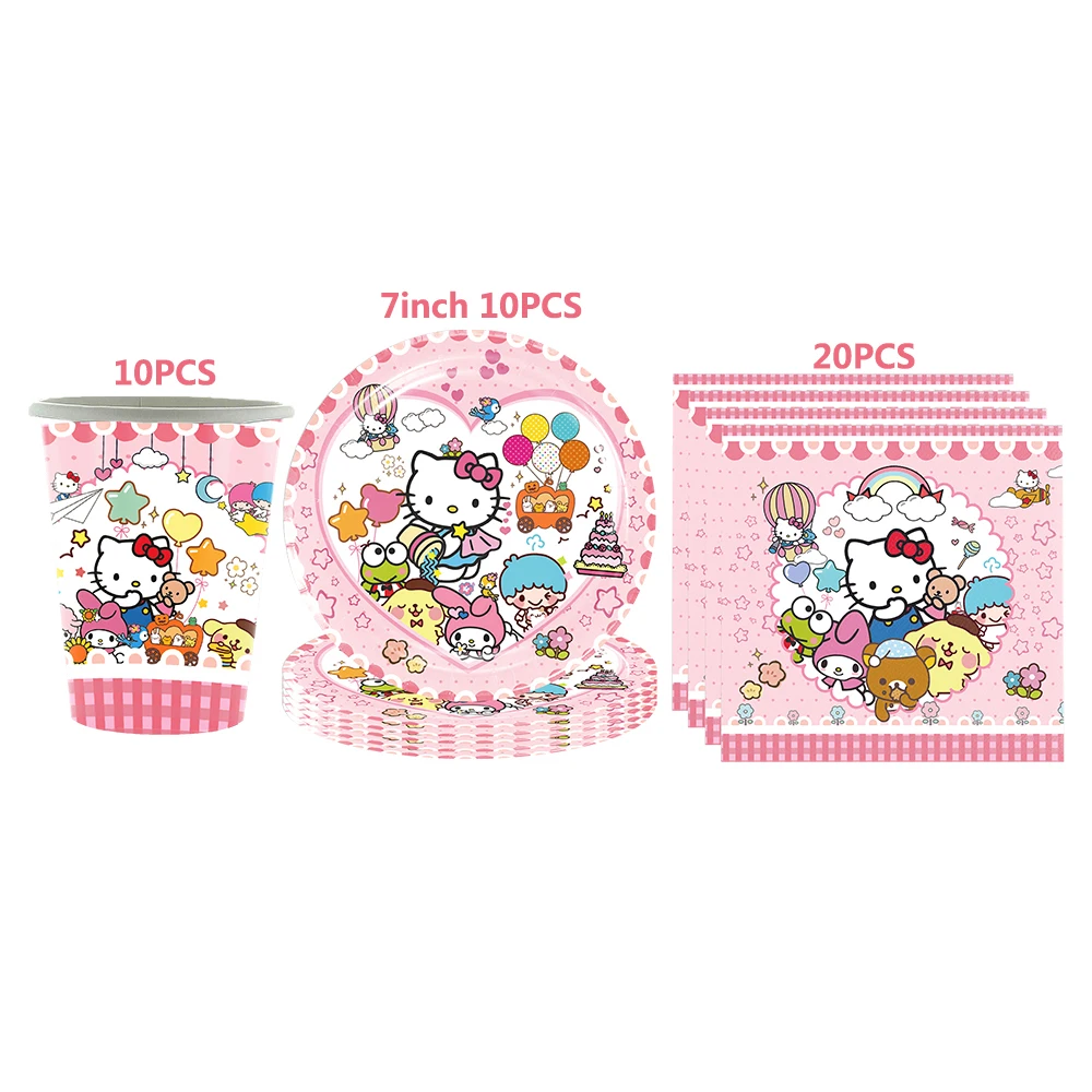 thumbnail image 1 of Kit de suministros para decoración de fiestas de cumpleaños de niñas con temática de Hello Kitty, vajilla de papel, platos y vasos de papel, globos y recuerdos para niños, 1 of 5