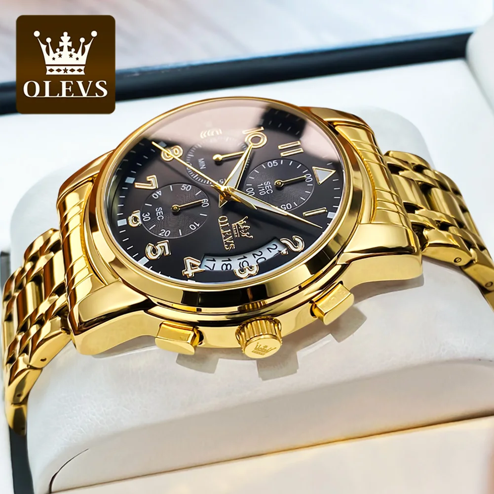 OLEVS Fashion Watch for Men Luxury Golden Stainless Steel Men's Watches Chronograph Luminous Dial Quartz Wristwatch Reloj Hombre